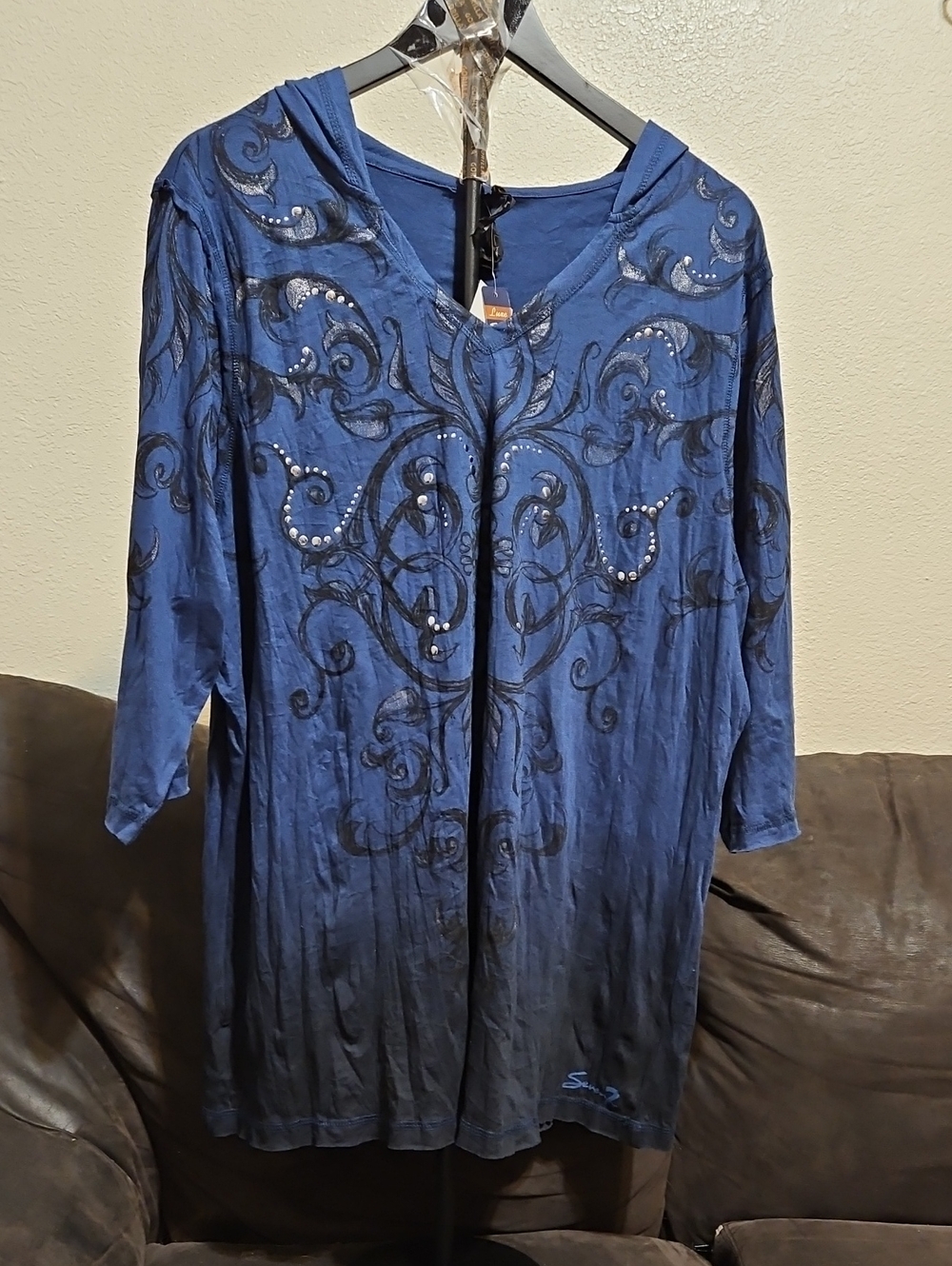 Seven7 Royal Blue Hooded Tunic with Black Scroll Accents and Silver Studs